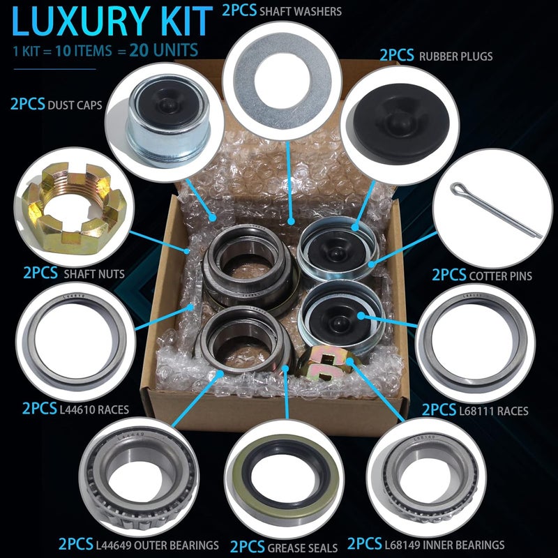 iBroPrat 2 Sets 3500 LB Boat Trailer Axle Bearing Kits, L68149 L44649 Bearing Kits, 171255TB/10-19 Grease Seals, Spindle Nuts, 1.98" Dust Covers and Rubber Plugs, Cotter Pins,Washers for #84 Spindle - Image 3